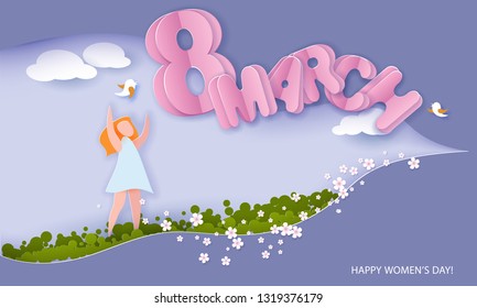 Happy 8 March womens day card. Woman with flowers near big letters eight march on blue sky background. Vector paper cut illustration