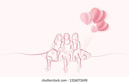 Happy 8 March women's day card. Continuous one line drawing. Friends girls sitting together with ait balloons shaped as heart. Vector illustration