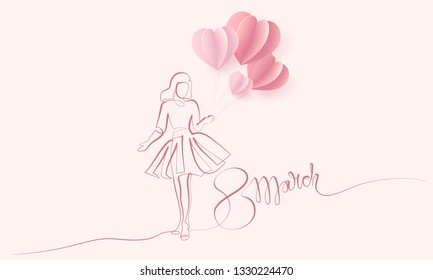Happy 8 March womens day card. Continuous one line drawing. Girl in festive dress with paper air balloon shaped as heart. Vector illustration