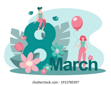 Happy 8 March Womens Day Card. Two Girls With Air Balloon. Flowers And Leaves. With Birds. Beautiful Smiling Girl Is Sitting. Flat Vector Illustration