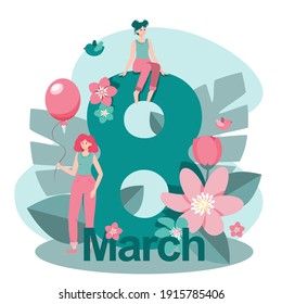 Happy 8 march womens day card. two girls with air balloon. Flowers and leaves. With birds. Beautiful smiling girl is sitting. Flat vector illustration