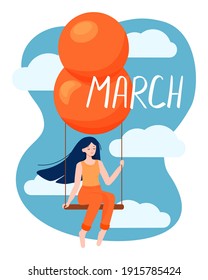 Happy 8 march womens day card. Girl is flying with air balloon. Flat vector illustration