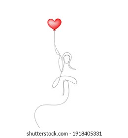 Happy 8 March womens day card. Woman with air balloon shaped as big eight. Continuous one line style.