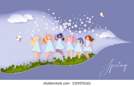 Happy 8 March womens spring day card. Different ethnicity Women with flowers jumping on grass with blue sky background. Vector paper cut illustration