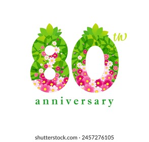 Happy 80th anniversary cute summer number. Natural organic background with isolated clipping mask. Up to 80 persent off discount concept. Creative template. Floral greeting card design. Web icon.