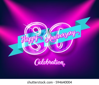 Happy 80th anniversary. Glass bulb number with ribbon and party decoration on the colorful background