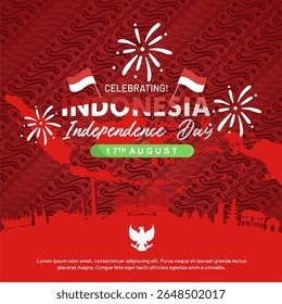 Happy 80th anniversary Independence Day of Indonesia  17 August 2025 with famous landmarks, red batik background and festive typography. Dirgahayu Indonesia with batik background. Vector illustration