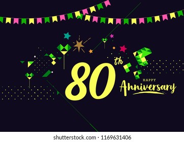 Happy 80th Anniversary lettering text banner, dark color with geometric background