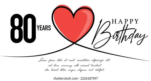 Happy 80th birthday card vector template with lovely heart shape.
