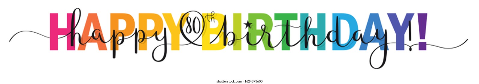 HAPPY 80th BIRTHDAY! colorful vector mixed typography banner with brush calligraphy