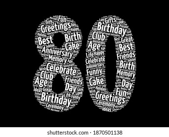 Happy 80th birthday word cloud, holiday concept background