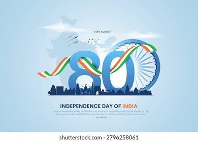 Happy 80th independence day of India. 3d Ashoka chakra with Indian flag. Creative vector illustration design.