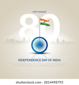 Happy 80th independence day of India. 3d Ashoka chakra with Indian flag and landmarks. Creative vector illustration design.