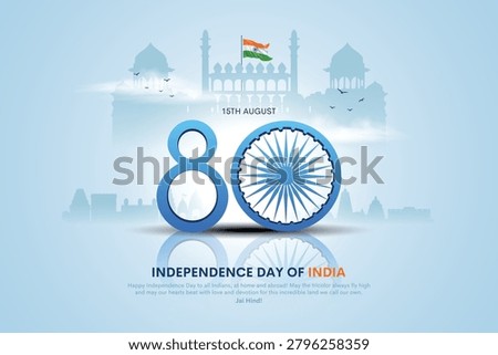 Happy 80th independence day of India. 3d Ashoka chakra with Indian flag and landmarks. Creative vector illustration design.