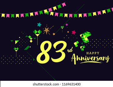 Happy 83rd Anniversary lettering text banner, dark color with geometric background