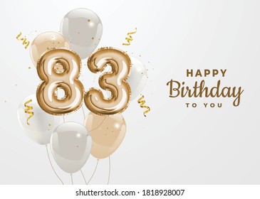 Happy 83th birthday gold foil balloon greeting background. 83 years anniversary logo template- 83th celebrating with confetti. Vector stock. svg