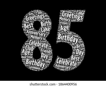 Happy 85th birthday word cloud, holiday concept background