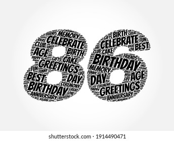 Happy 86th birthday word cloud, holiday concept background