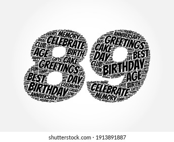 Happy 89th birthday word cloud, holiday concept background