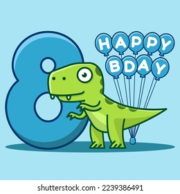 Happy 8th Birthday. Cute invitation card with dinosaur and balloons.