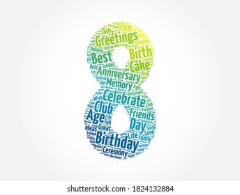 Happy 8th birthday word cloud, holiday concept background
