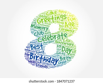 Happy 8th birthday word cloud, holiday concept background