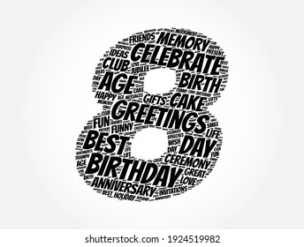 Happy 8. Geburtstagswort-Cloud, Hintergrund des Feiertagskonzepts