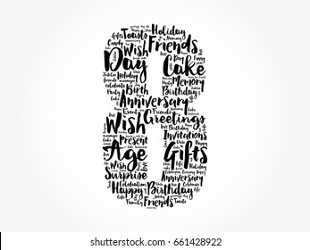 Happy 8th birthday word cloud collage concept