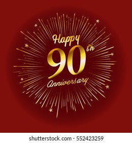 Happy 90th Anniversary. with fireworks and star on red background.Greeting card, banner, poster