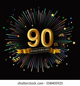 Happy 90th Anniversary. with fireworks and star on dark background.Greeting card, banner, poster
