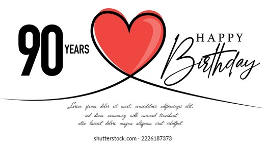 Happy 90th birthday card vector template with lovely heart shape.
