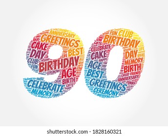 Happy 90th birthday word cloud, holiday concept background