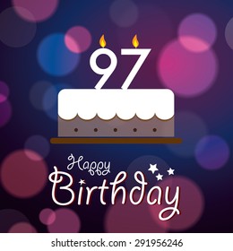 Happy 97th Birthday - Bokeh Vector Background with cake.
