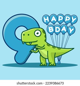 Happy 9th Birthday. Cute invitation card with dinosaur and balloons.