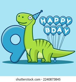 Happy 9th Birthday. Cute invitation card with brontosaurus, balloons and numbering. Flat vector illustration.