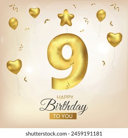 Happy 9th birthday gold foil balloon greeting background. 9 years anniversary illustration