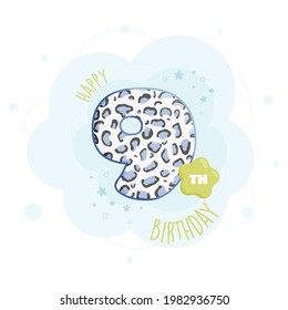 Happy 9th birthday greeting card with cute animal skin pattern design. 