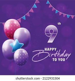 Happy 9th birthday, greeting card, vector illustration design.
