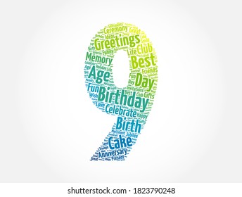 Happy 9th birthday word cloud, holiday concept background