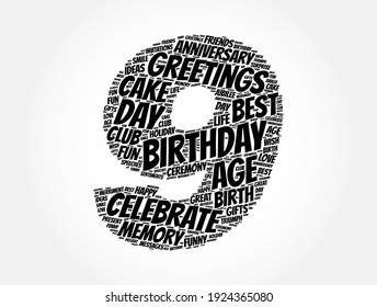 Happy 9th Birthday Word Cloud, Holiday Concept Background