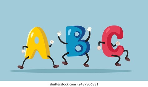 
Feliz A, B, C Letras Bailando Personajes Vectoriales. Alegres personajes en mayúsculas que se mueven alrededor de la diversión 
