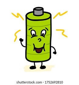 Happy AA battery cell character mascot full of energy. Fully charged. Cartoon illustration hand drawn on white background. Isolated vector drawing.