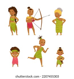 Happy aboriginal African people dressed ethnic traditional clothes set cartoon vector illustration