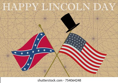 Happy Abraham Lincoln Day. Union and Confederate Flags and Top Hat. Gettysburg Address Vector Illustration