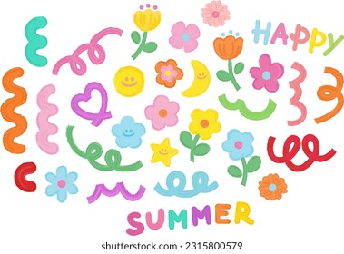 Happy abstract doodle elements, flowers and summer vibes. Crayon pastel colouring.