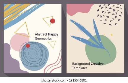 Happy abstract geometrical backgrounds with hand drawn floral and shapes. Trendy muted colors. Editable creative templates for social media, apps, web, flyers, banners, ads design, editorial and more.