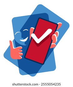 Happy abstract young smiling man holding phone with check mark on a screen - vector illustration in simple geometric style