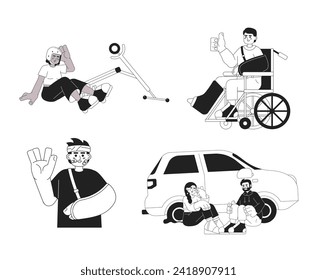 Happy accidents in daily life black and white cartoon flat illustrations set. Diverse linear 2D characters isolated. Keep positive attitude during trauma monochromatic scenes vector images collection