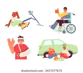 Happy accidents in daily life cartoon flat illustrations set. Diverse 2D characters isolated on white background. Keep positive attitude during recovery, trauma scenes vector color images collection