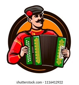 Happy accordion player in the national costume playing a musical instrument. Russian folklore, music concept. Cartoon vector illustration